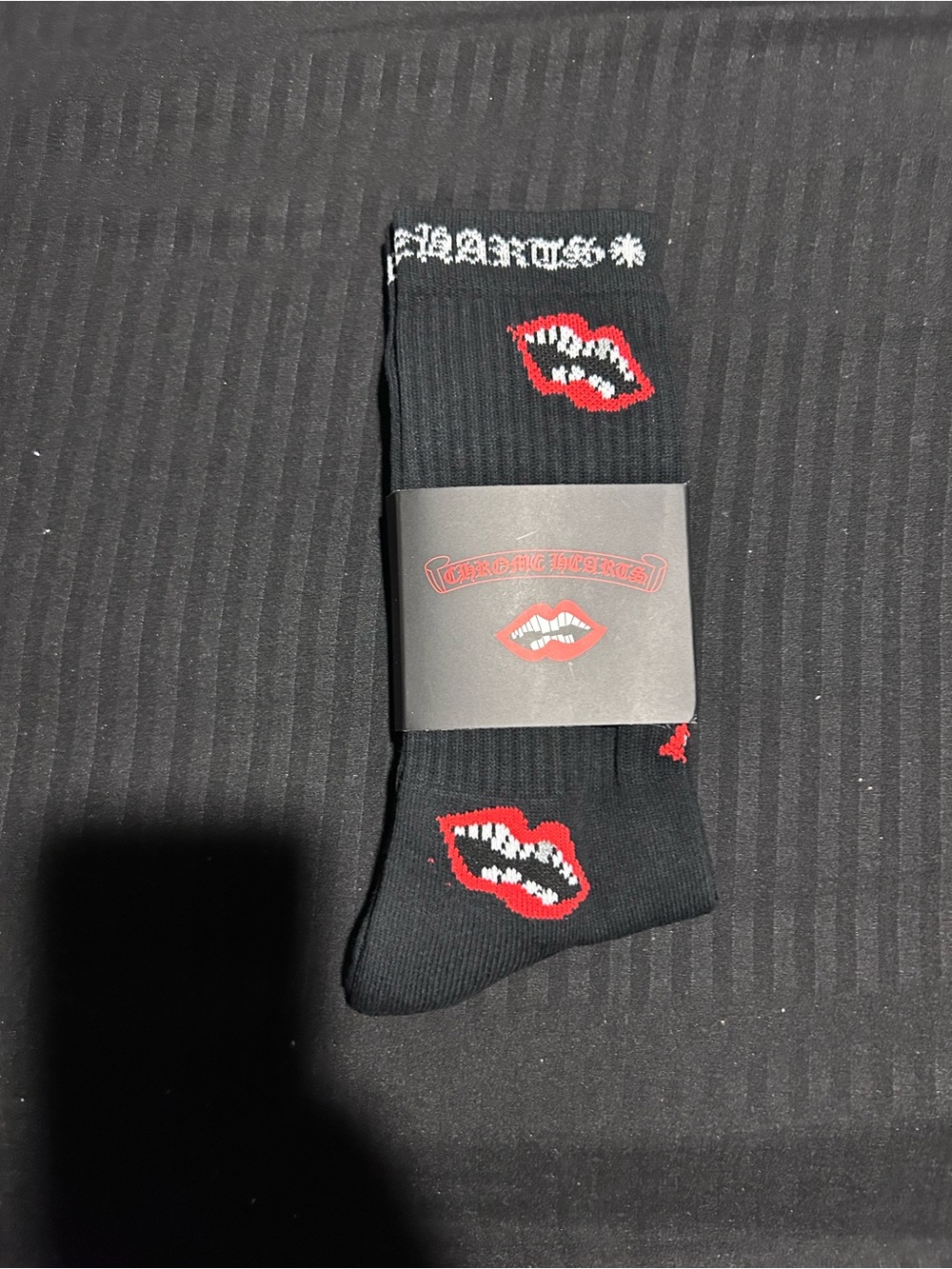 Chrome Hearts Black Crew Socks with Red Lip Motif